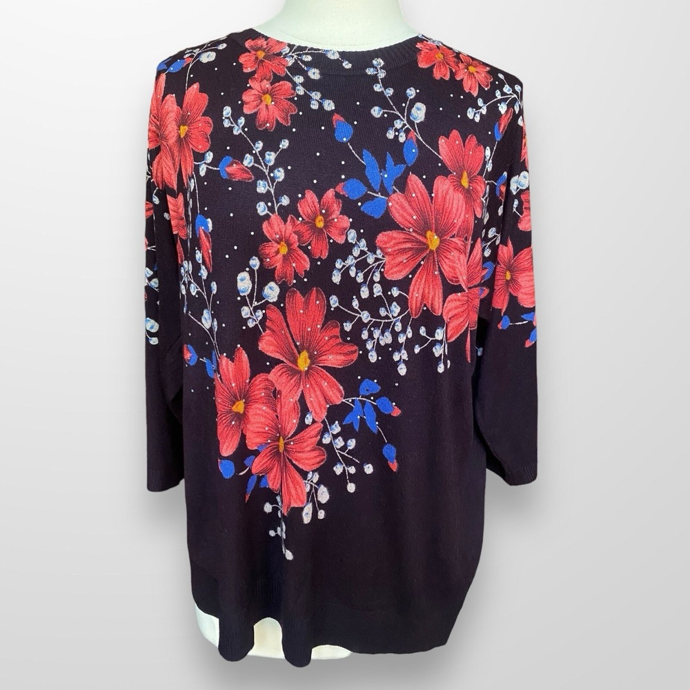 Cathy Daniels Women's Size 1X Sweater Top Blouse Lightweight Rhinestone Floral